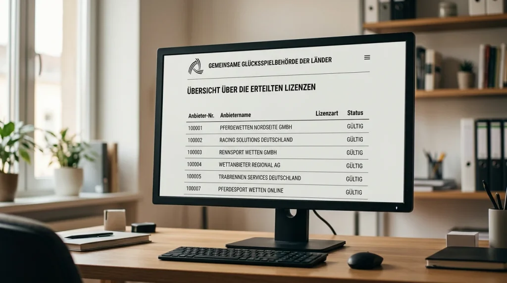 Bildschirm mit Whitelist der erlaubten Online-Glücksspielanbieter in Deutschland