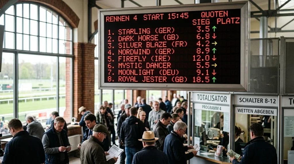 Quotenmonitor mit laufender Aktualisierung auf einer deutschen Galoppbahn