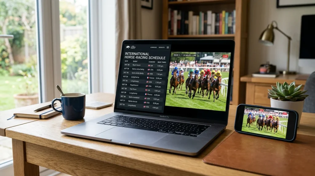 Laptop und Smartphone mit internationalem Rennkalender und Pool-Quoten