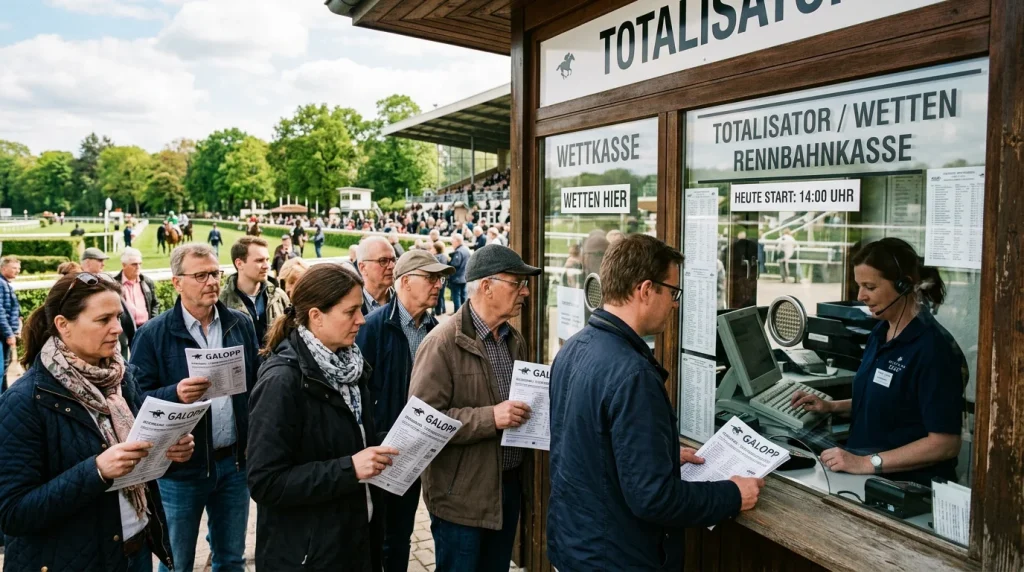 Wartende Tipper an einer Totalisator-Kasse auf einer deutschen Rennbahn