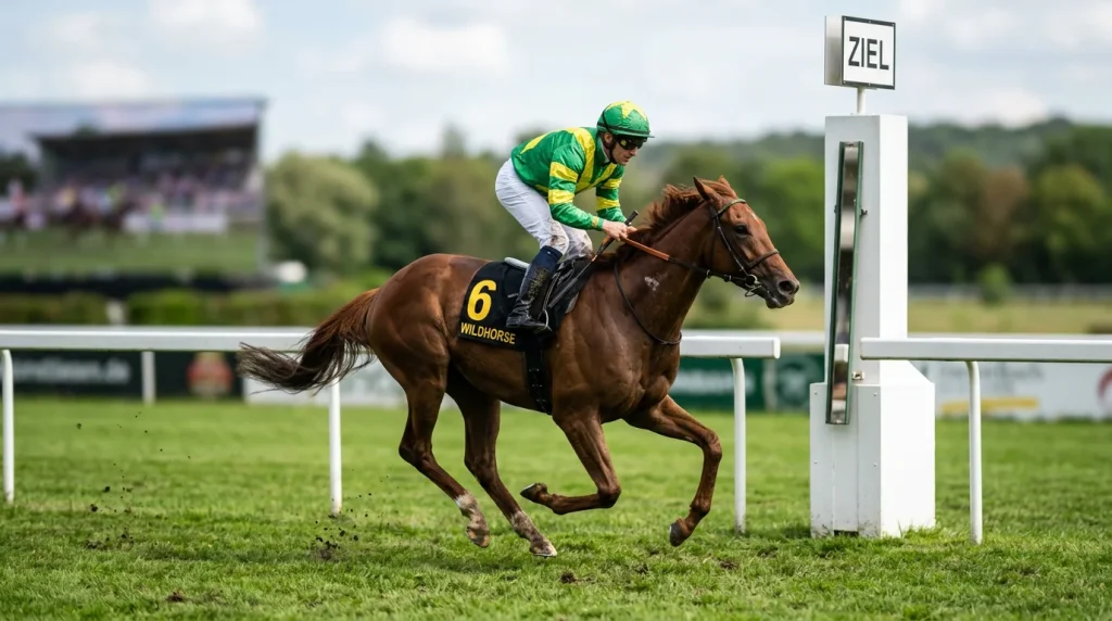 Jockey und Galopper überqueren als Sieger die Ziellinie auf einer deutschen Rennbahn