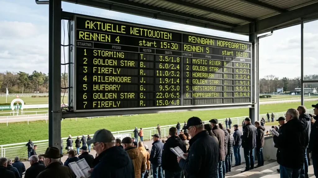Anzeigetafel mit Quoten und Wettumsätzen in der Tribüne einer internationalen Galopprennbahn